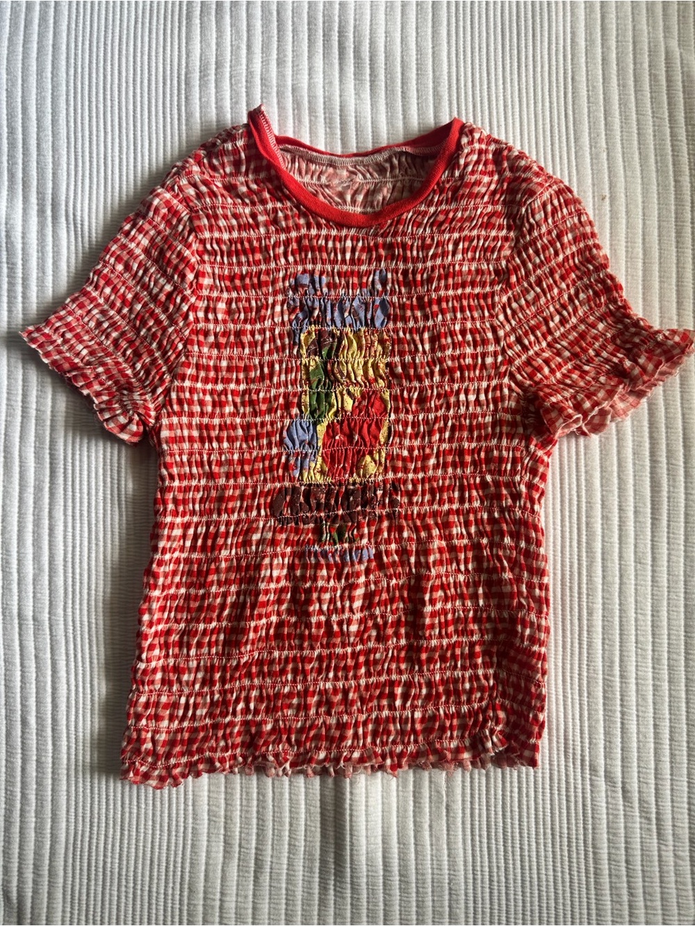 Red Smocked Womens stretch Tee with Colorful Graphic